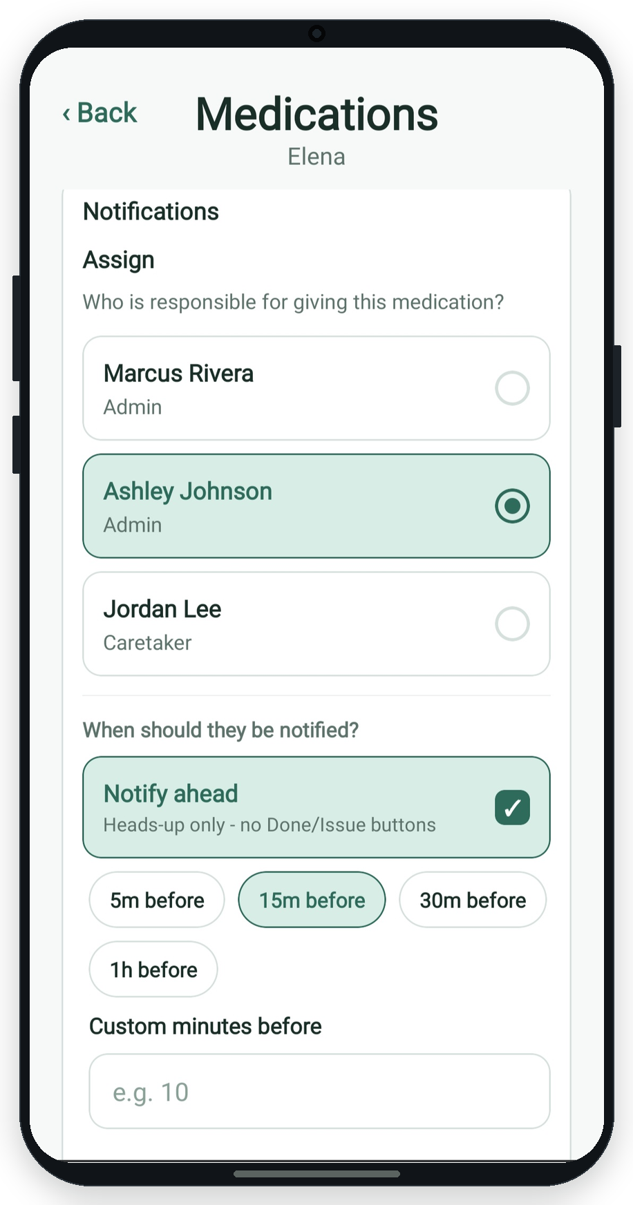 Medication schedule with reminder timing and who to notify