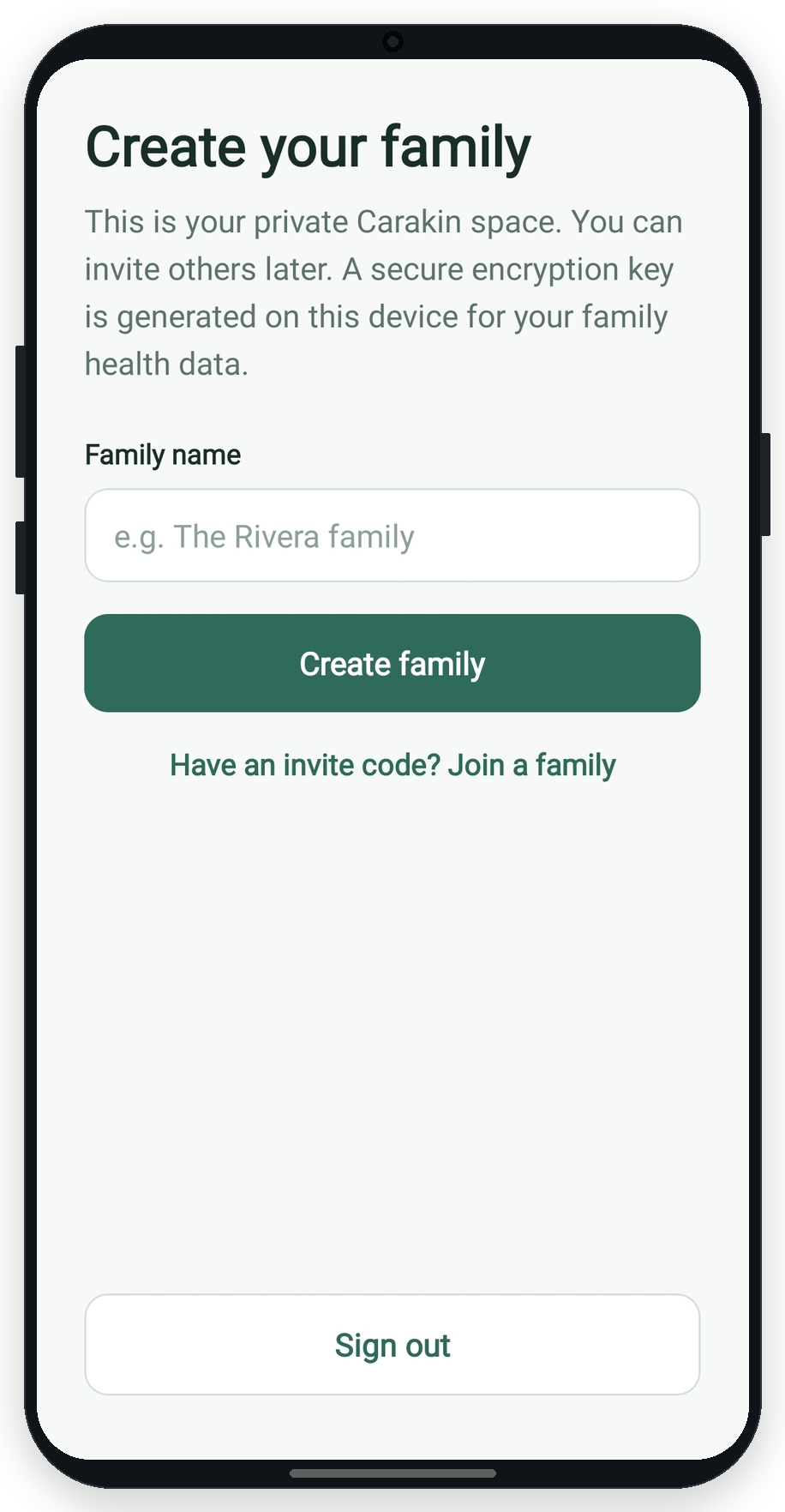Create your family screen with family name field and Create family button