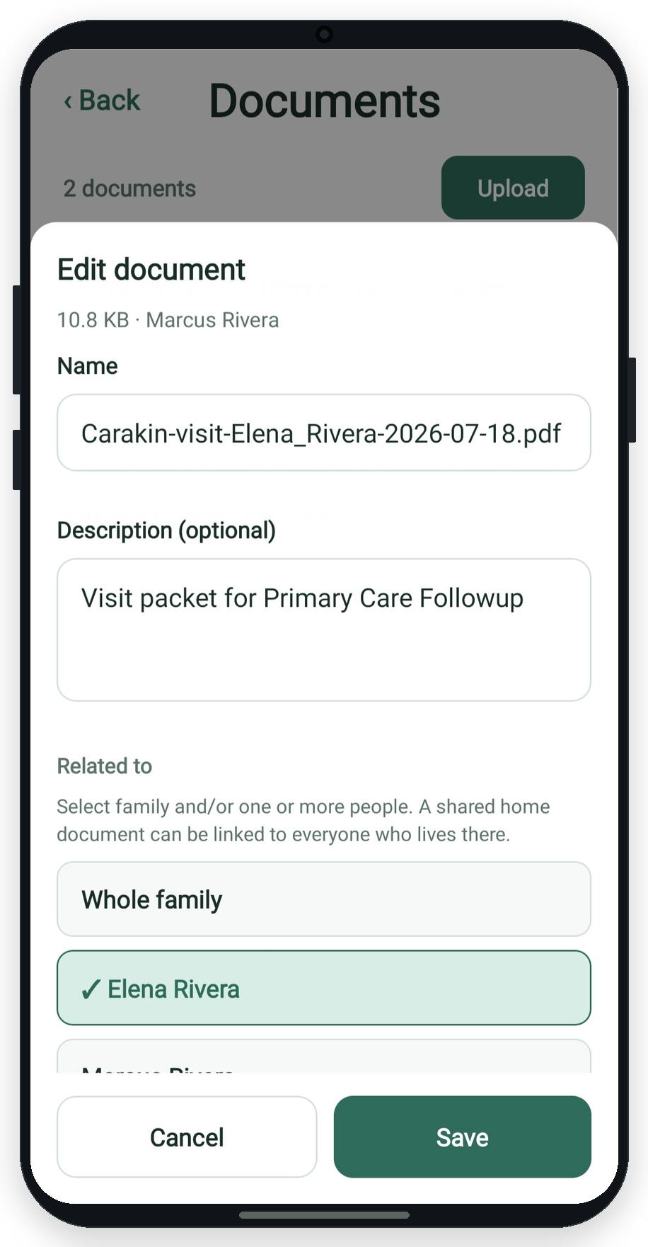 Edit document details with name, description, and related kin links