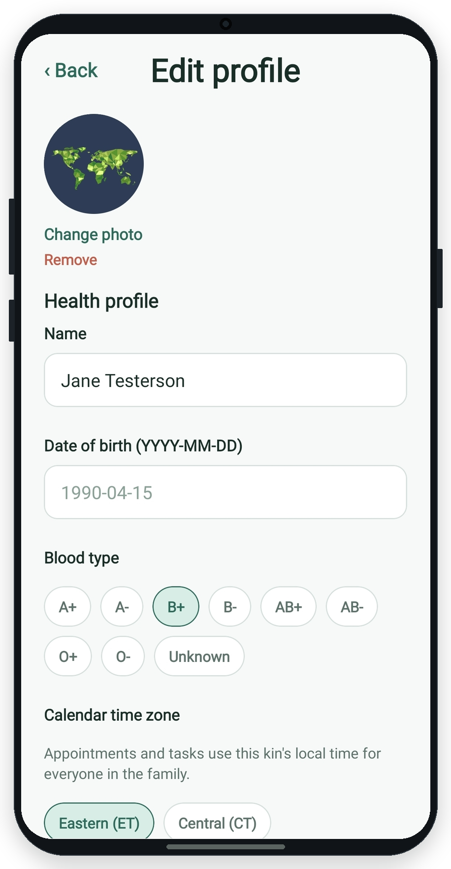 Edit profile screen with photo, name, date of birth, blood type, and time zone