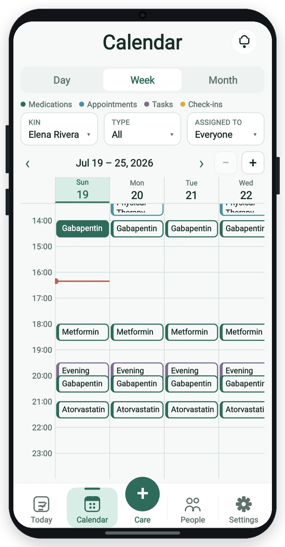 Family calendar week view with color-coded care items