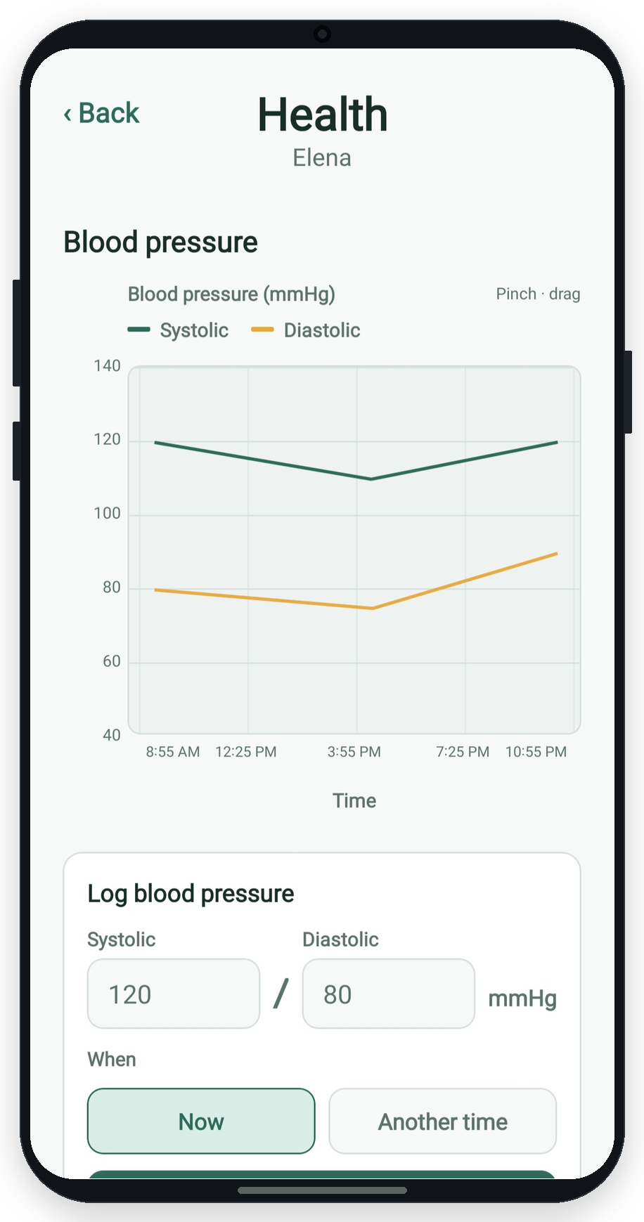 Health monitoring chart and recent vitals on a kin profile