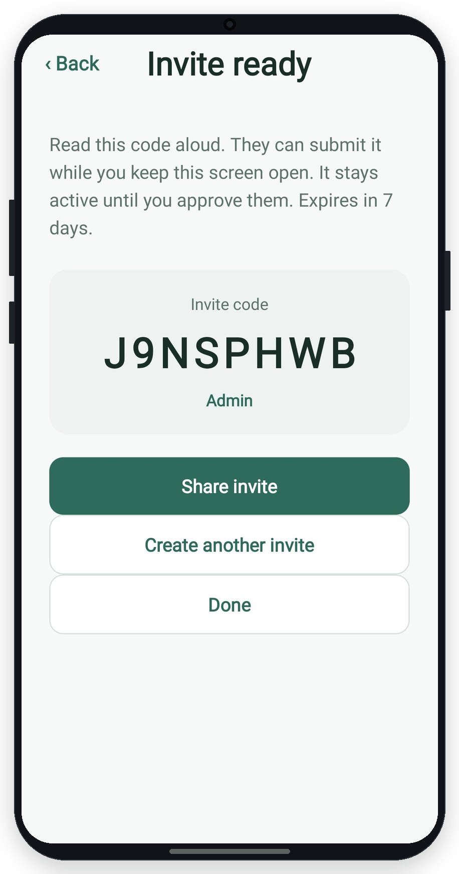Invite ready screen showing an 8-character invite code and Share invite button