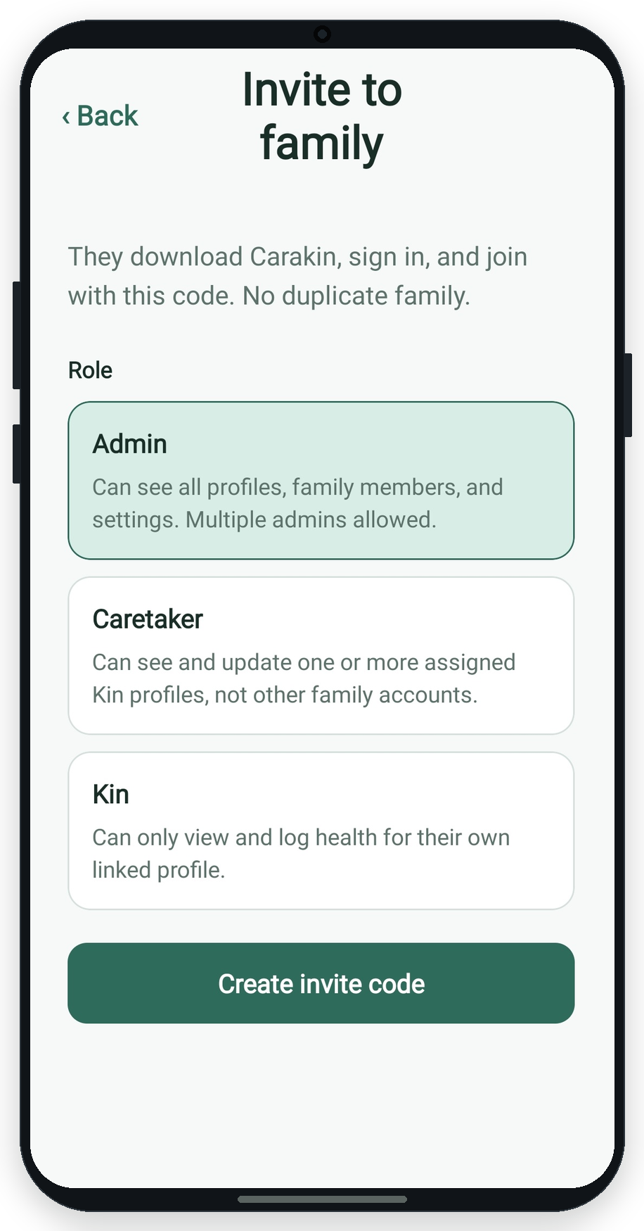 Invite to family screen with Admin, Caretaker, and Kin role options