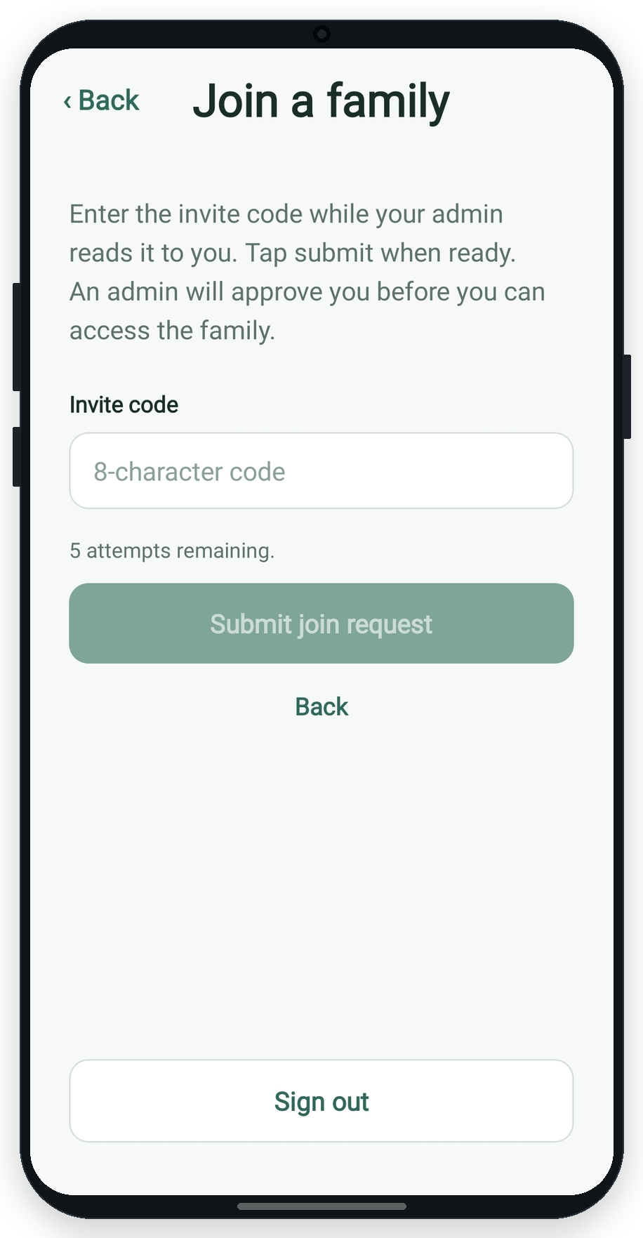 Join a family screen with invite code field and Submit join request button
