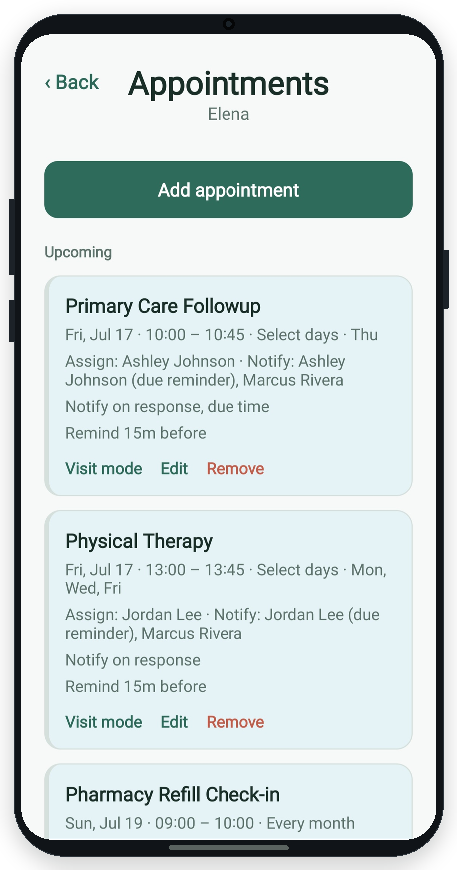 Kin profile appointment list with upcoming visits