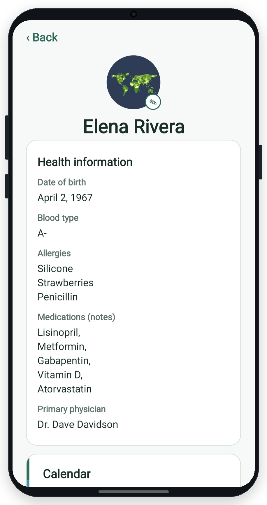 Kin profile screen showing photo, health information, calendar, and care sections