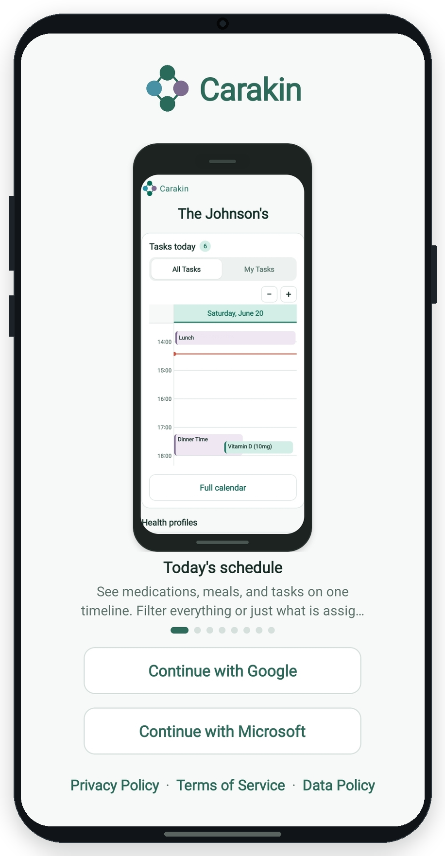 Carakin welcome screen with Continue with Google and Continue with Microsoft