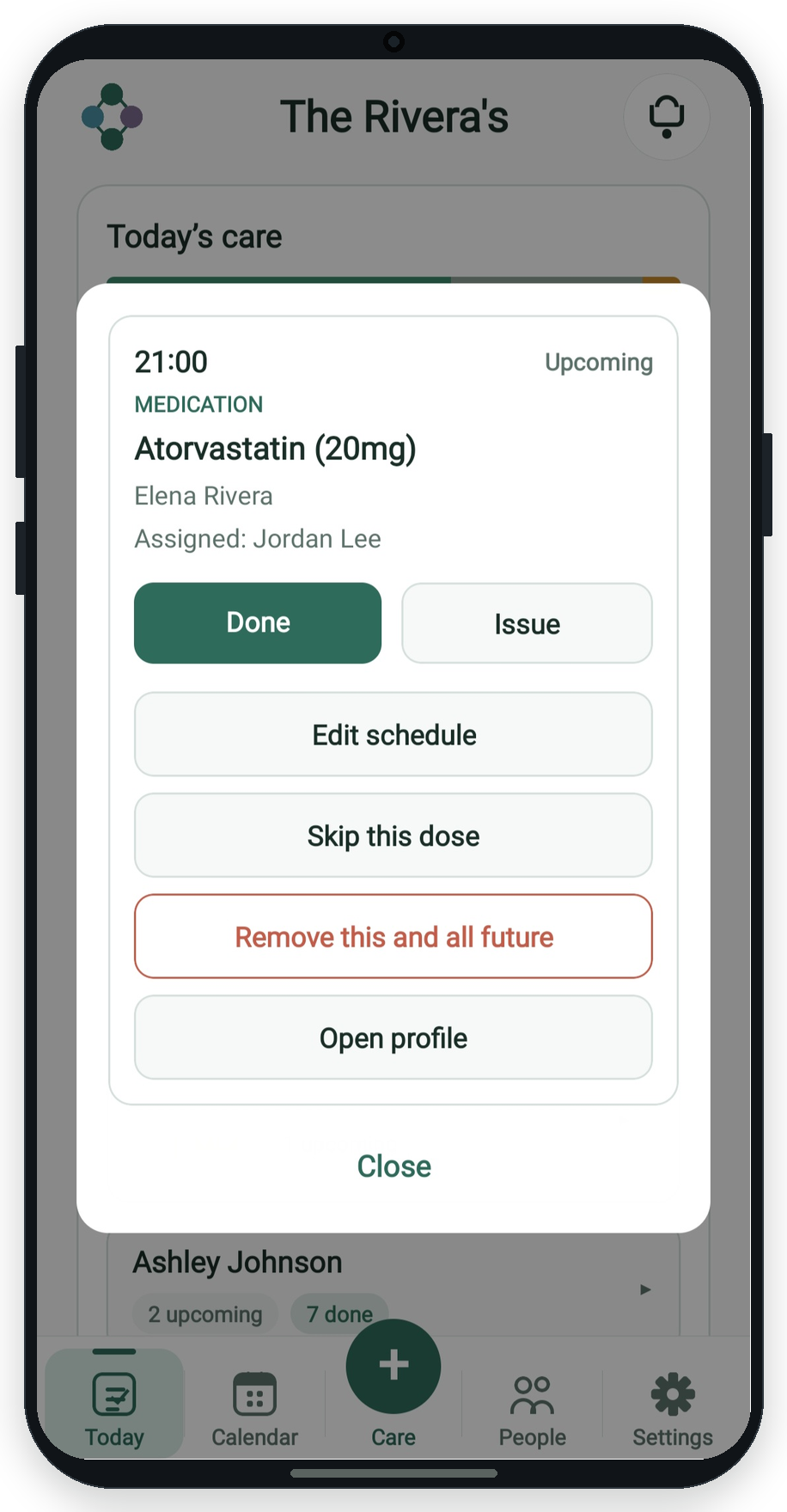 Care card open with Done and Issue actions