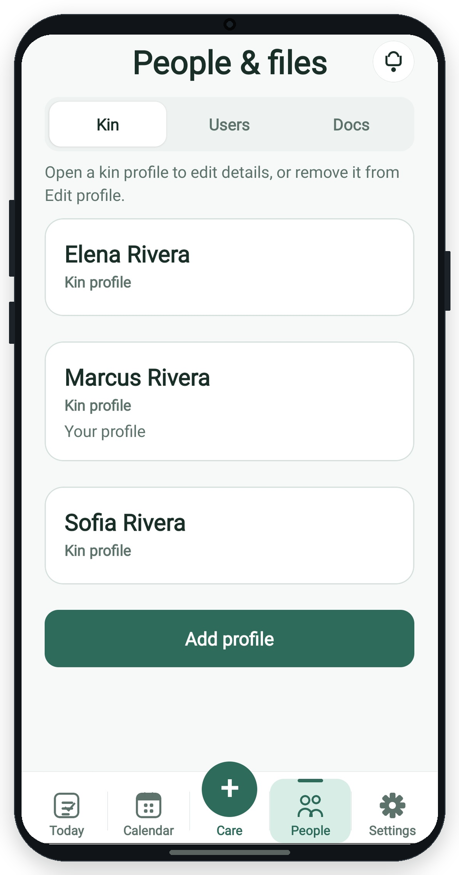 People & files screen on the Kin tab with profile cards and Add profile button