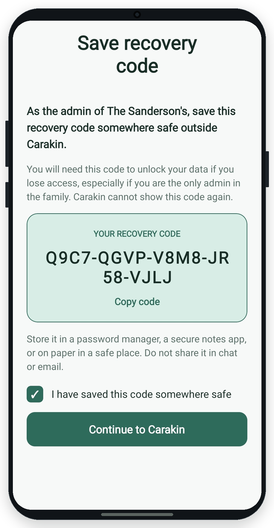 Save recovery code screen showing the one-time code and confirmation checkbox