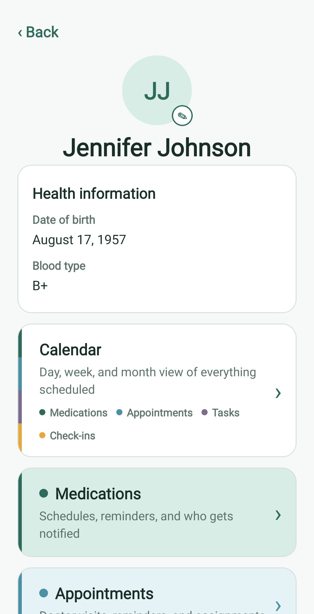Kin profile with health and care shortcuts